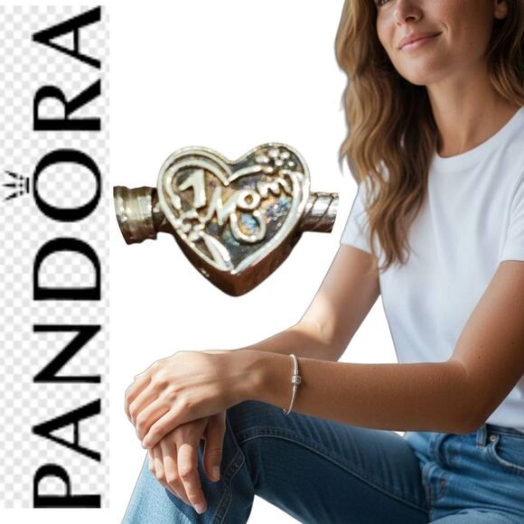 Pandora Sterling Silver Large 8" Bracelet with #1 Mom Heart Charm never worn - Picture 14 of 15